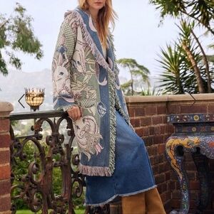 Fringed Floral Tapestry Blanket Cardigan Jacket Shawl Woven Cottagecore